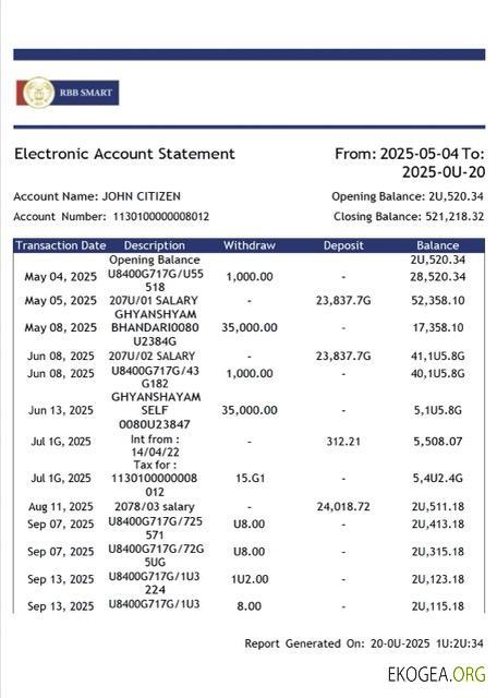 Modèle Word et PDF de relevé de compte électronique India RBB Smart Bank